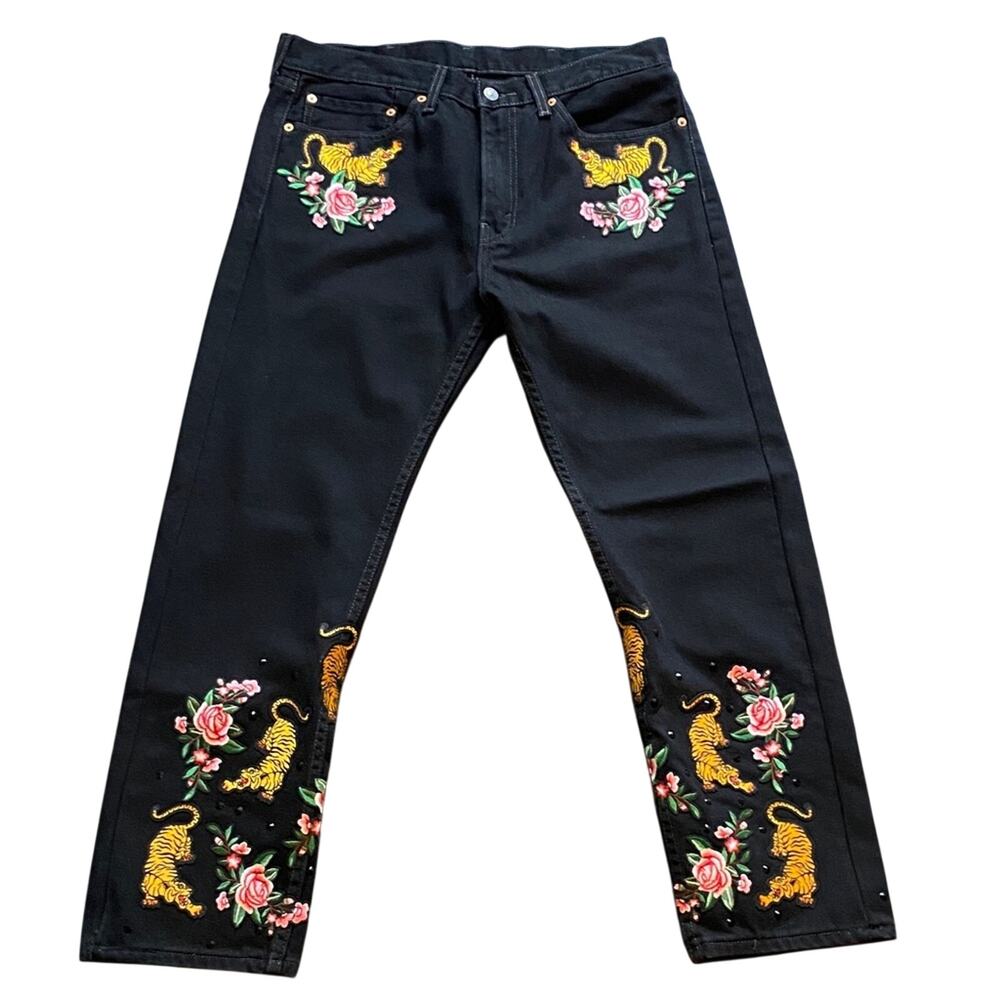 Upcycled Levi’s Jeans Mens Sz 38 Black Tiger and Rose Patchwork Rhinestones